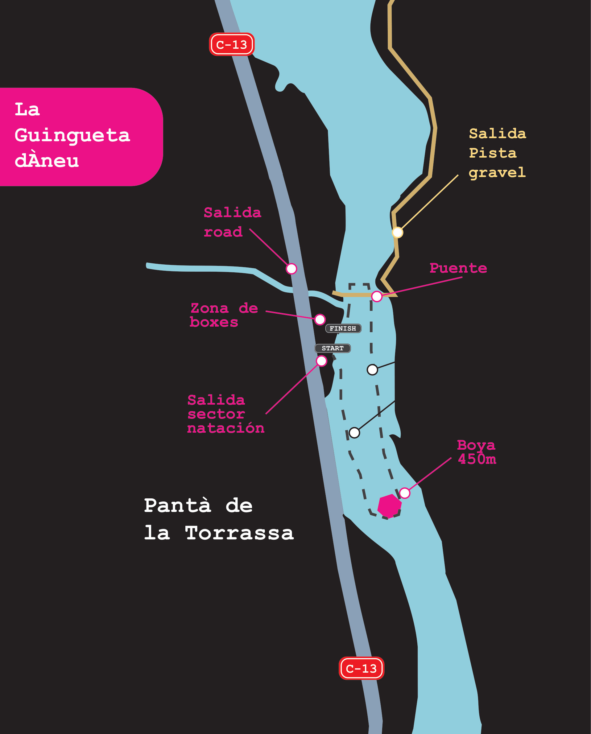 Mapa original de natación del Pantà de la Torrassa con las boyas, el puente, la salida y la zona de boxes